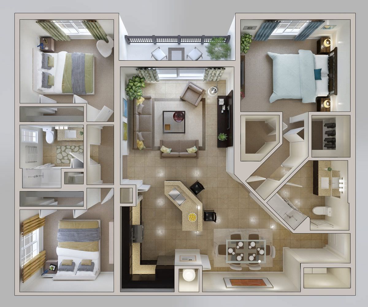 Bản vẽ 3D nội thất chung cư 80m2 3 phòng ngủ