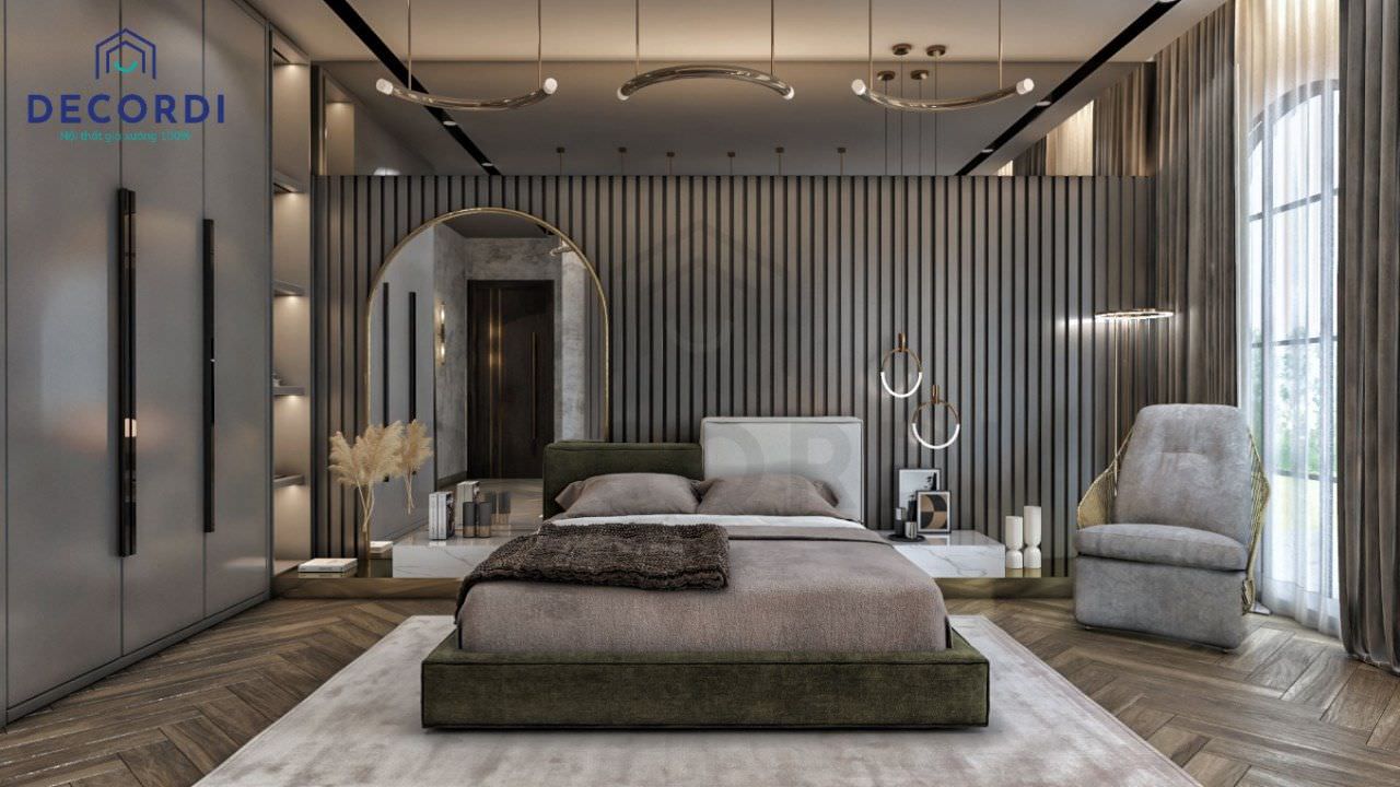 Phòng ngủ tông màu xám thời thượng sang trọng nổi bật với vách lam gỗ có gắn gương soi