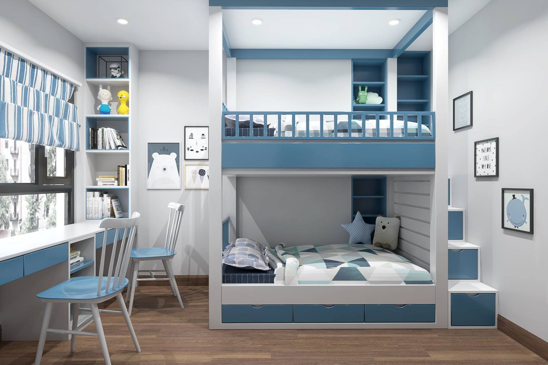 Thiết kế phòng ngủ cho bé trai với bộ giường tầng hiện đại có bậc thang hộc kéo đi lên có thể đựng đồ