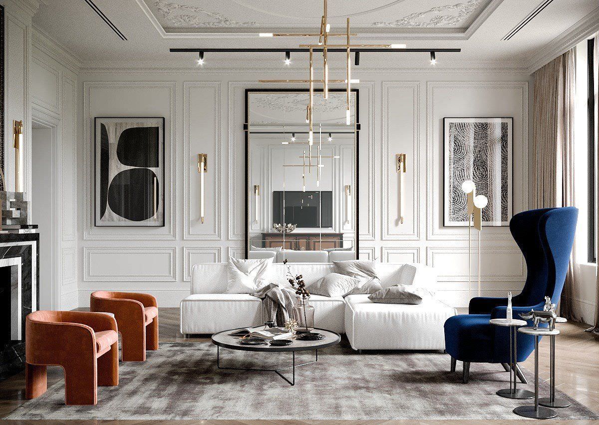 Thiết kế nội thất phòng khách đẹp theo phong cách tân cổ điển