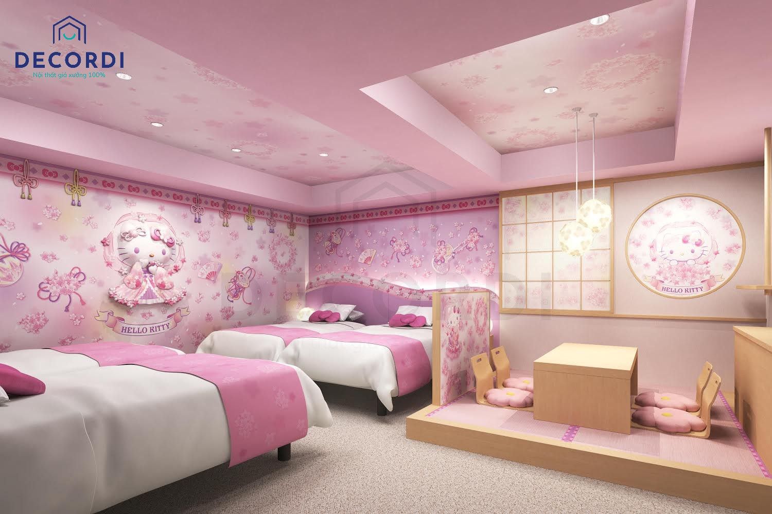 Giấy dán tường hello kitty 3D độc đáo trang trí phòng ngủ theo phong cách Nhật