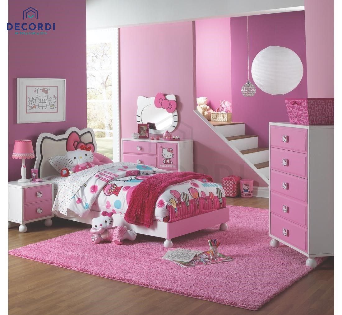 Thiết kế phòng ngủ hello kitty màu hồng đồng bộ cho cả căn phòng
