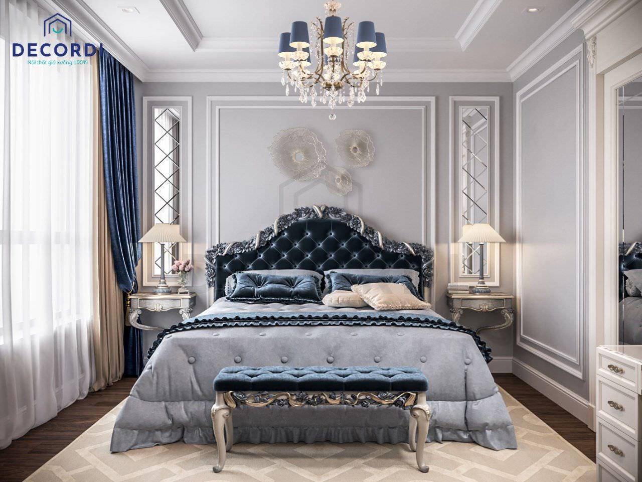 Thiết kế phòng ngủ lãng mạn với tông màu xanh lam phối trắng kết hợp cùng các đường phào chỉ theo phong cách bán cổ điển