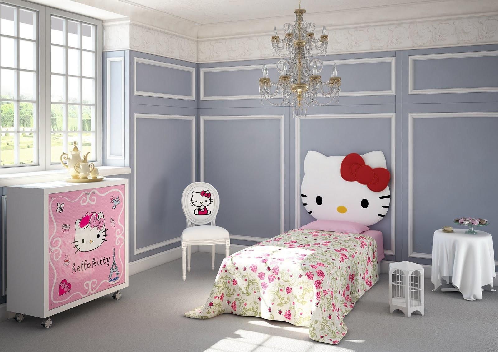Thiết kế phòng ngủ cho bé phong cách tân cổ điển với gam màu xanh lam pastel nhẹ nhàng và điểm nhấn từ các vật dụng trang trí có hình Hello Kitty