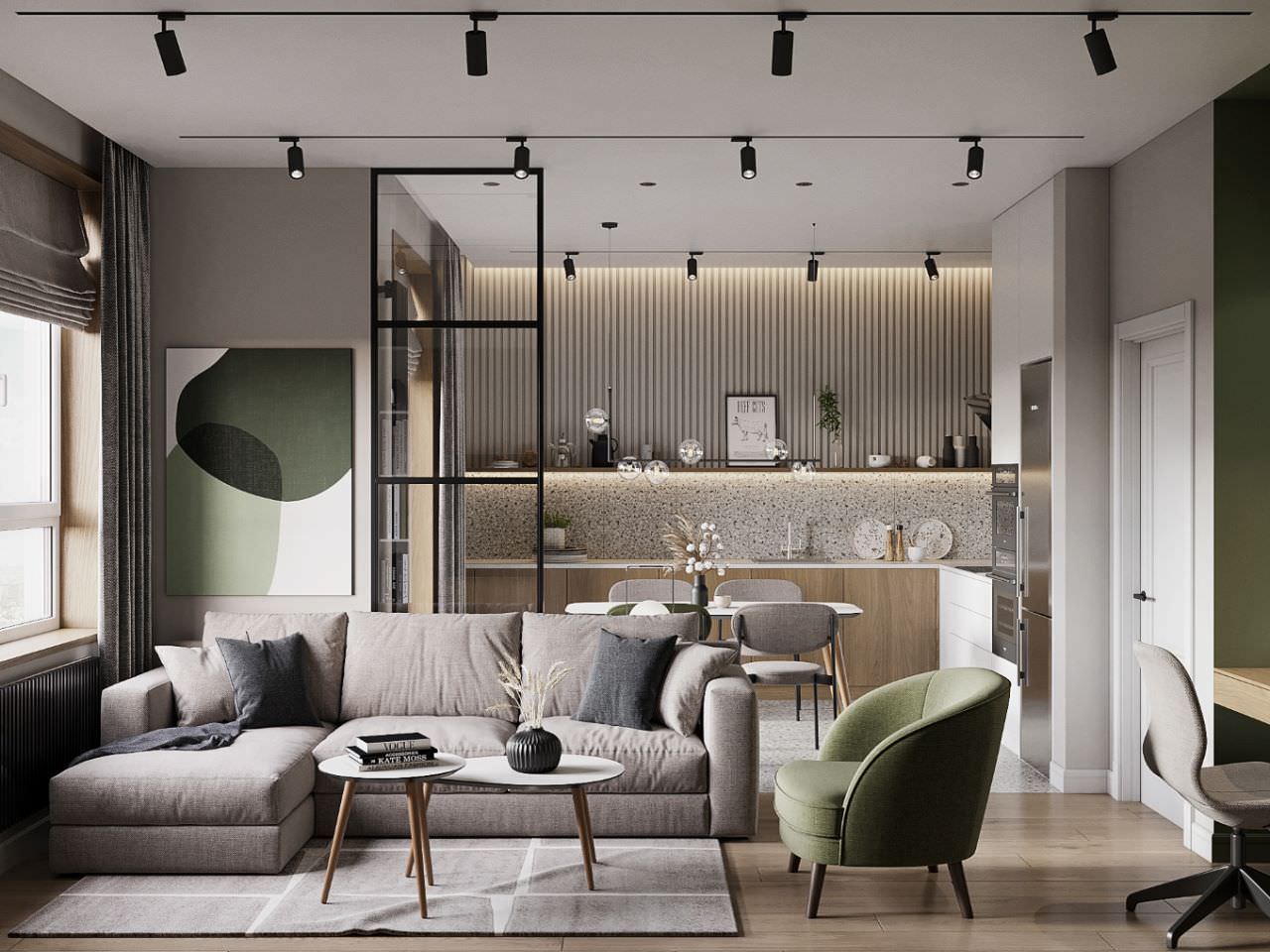  Thiết kế nội thất phòng khách hiện đại với tông màu xanh lá làm điển nhấn 