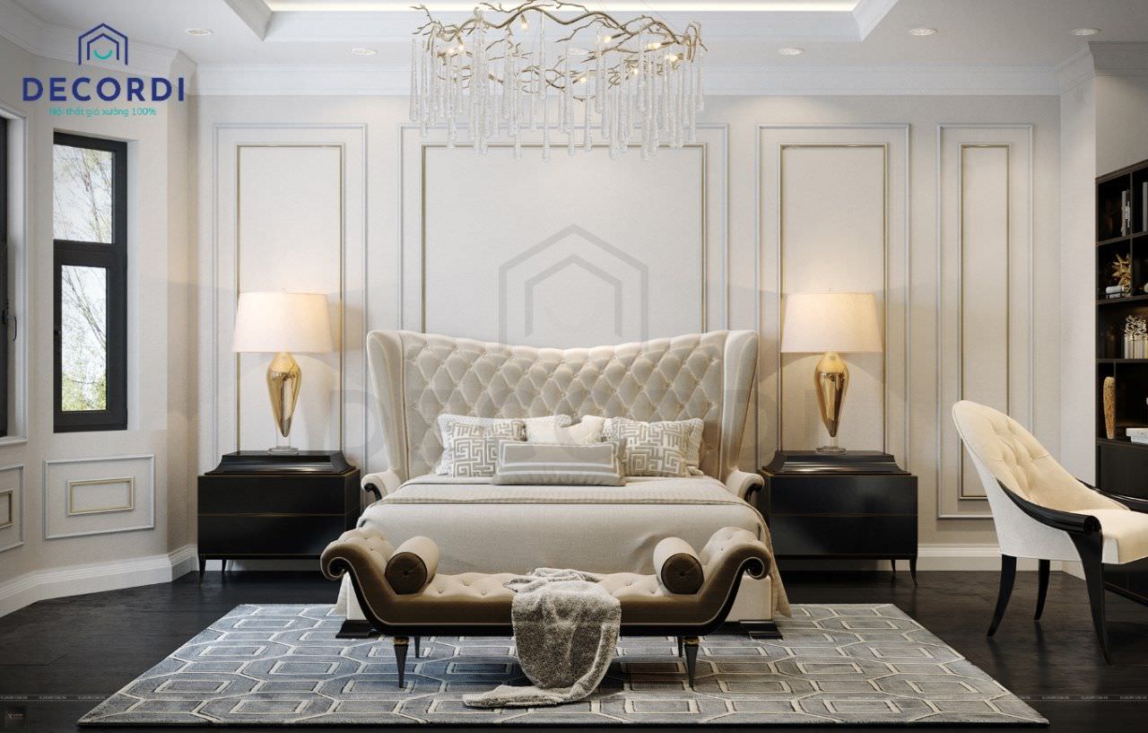 Phòng ngủ phong cách tân cổ điển với tông màu kem nhẹ nhàng, tinh tế với các đường nét thiết kế uốn lượn mềm mại