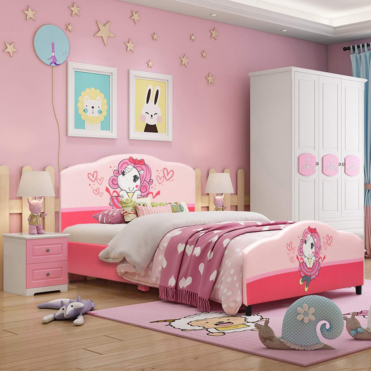 Giường đơn 1m4 trang trí màu hồng dễ thương cho bé gái