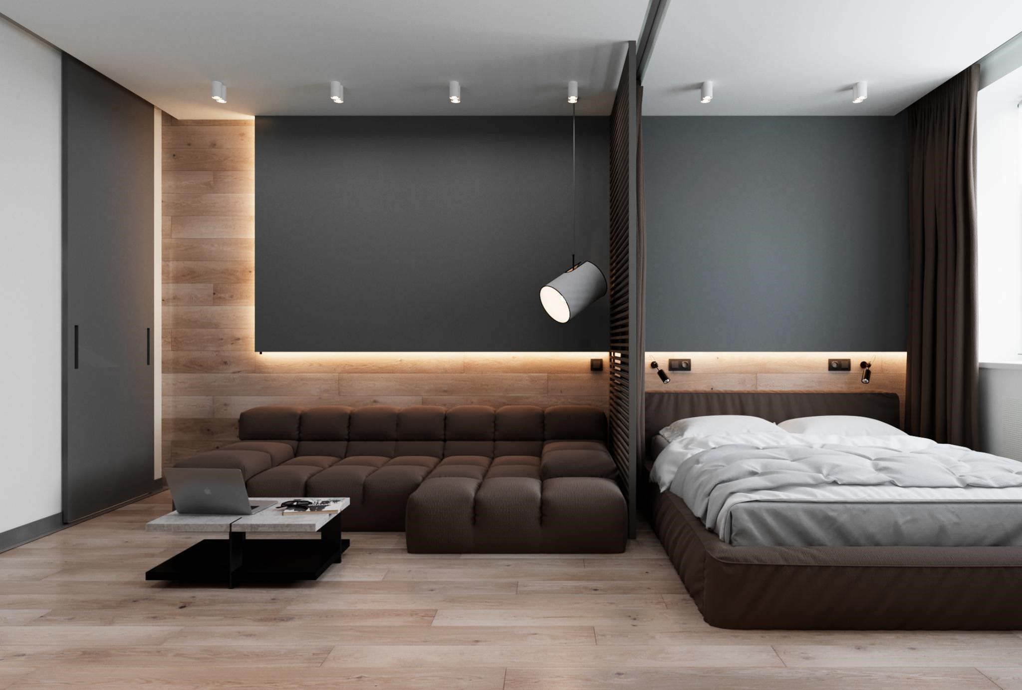 Vách lam gỗ phân chia phòng khách và phòng ngủ hiện đại và tiện nghi