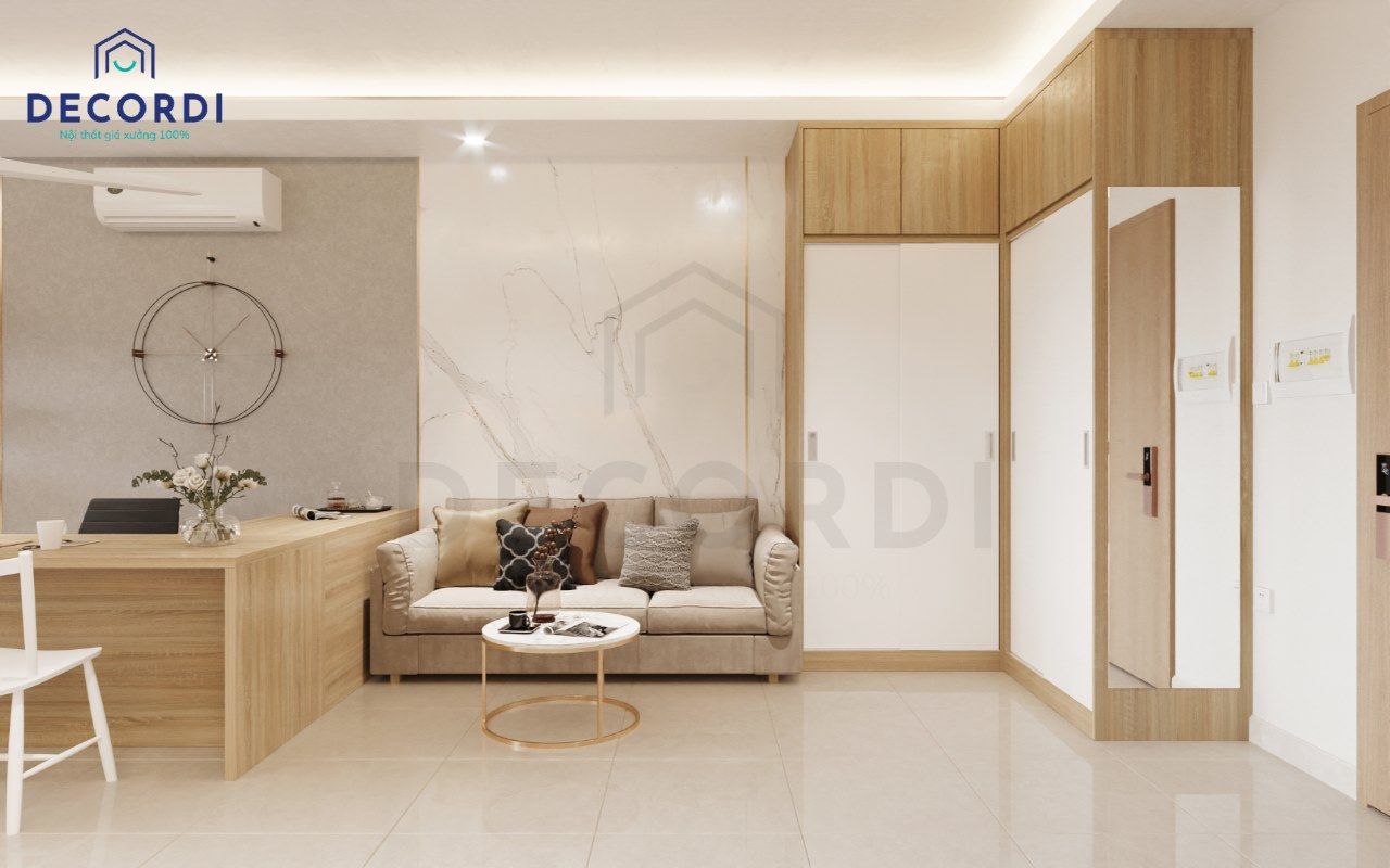 Thiết kế phòng khách chung cư với bộ sofa chữ I đơn giản kèm bàn trà mặt đá sang trọng