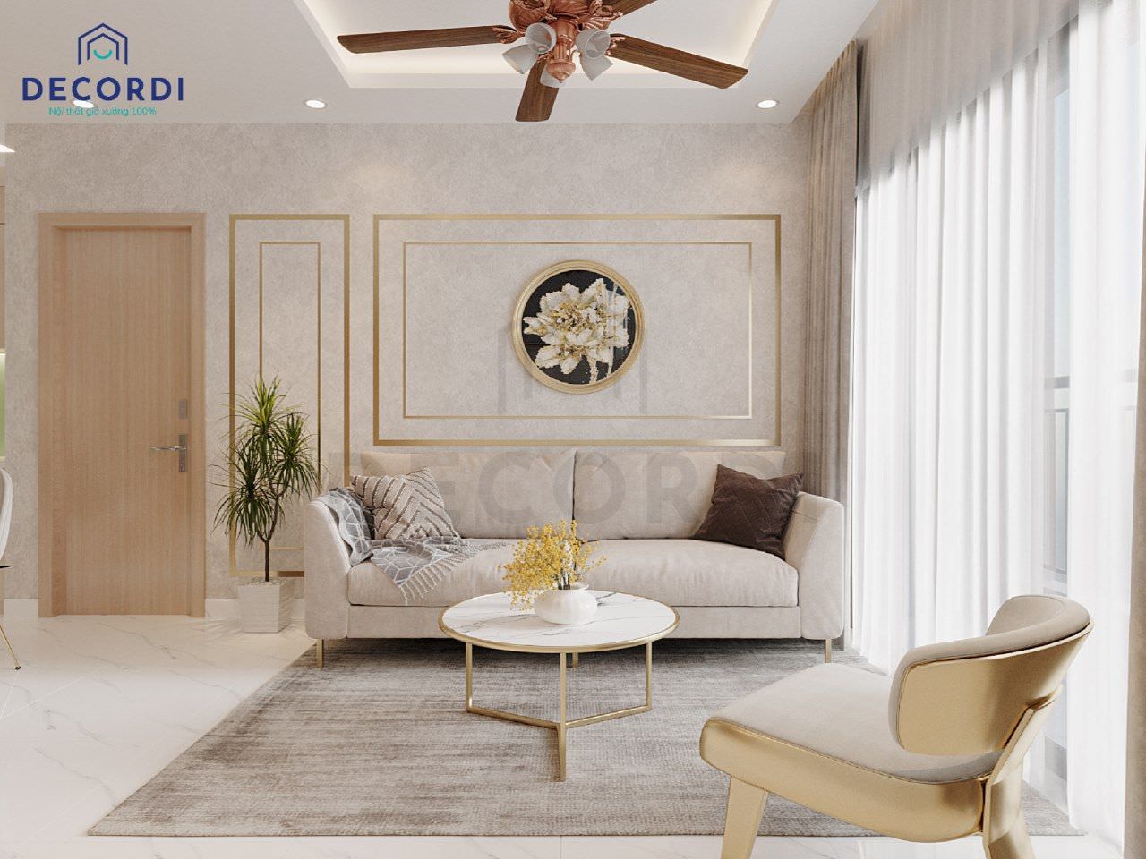 Thiết kế phòng khách chung cư phong cách luxury với tông màu trắng sữa