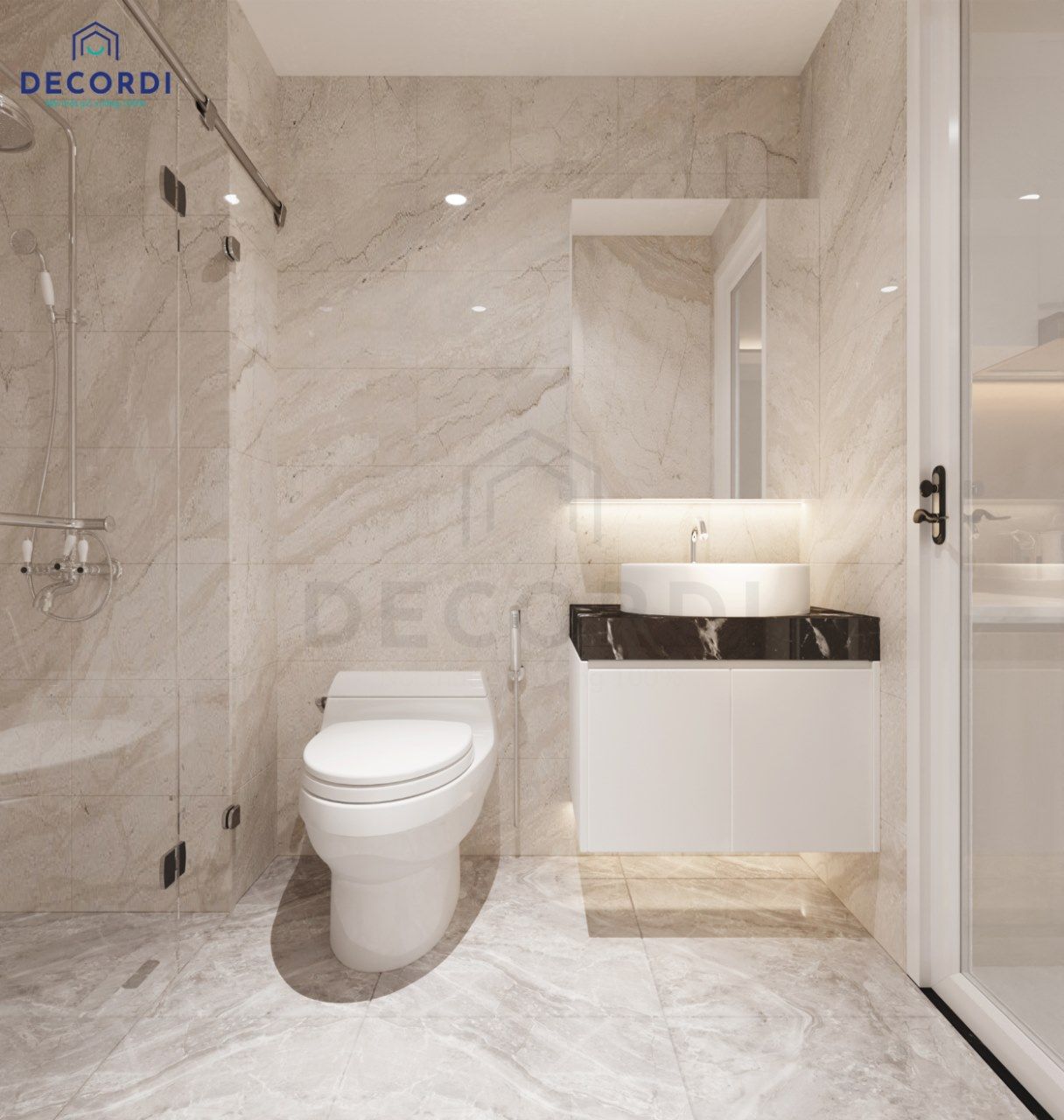 Thiết kế nhà vệ sinh được ốp hoàn toàn bằng gạch sáng màu sạch sẽ, nội thất hiện đại