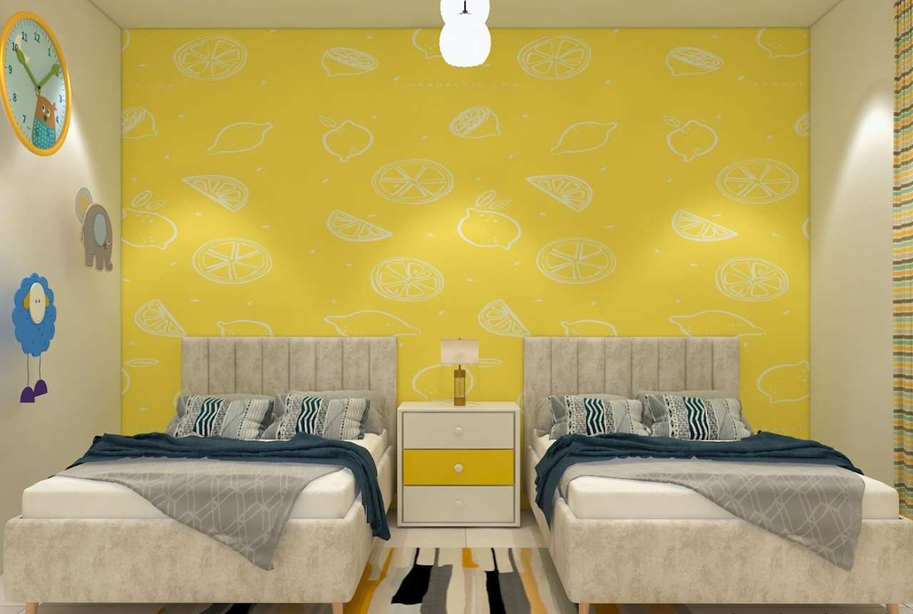 Thiết kế phòng ngủ màu vàng chanh sử dụng giấy dán tường cho 2 bé 