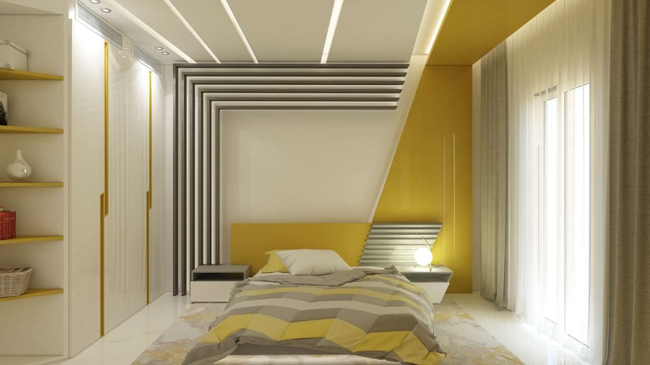 Mẫu phòng ngủ màu vàng phối trắng đen siêu lạ mắt 