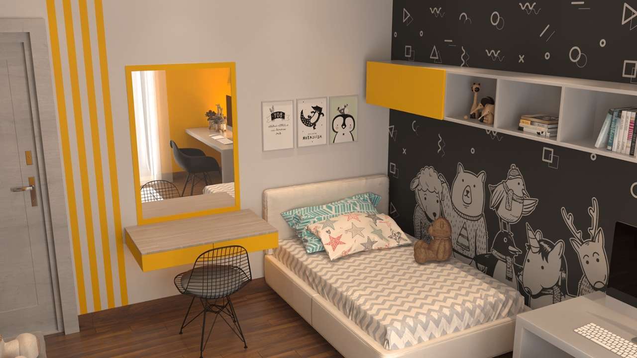Mẫu phòng ngủ màu vàng phối đen cho bé siêu dễ thương