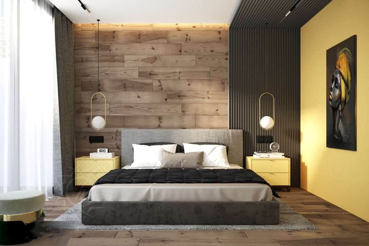 Phòng ngủ hiện đại sử dụng màu vàng làm điểm nhấn trên nền đen 