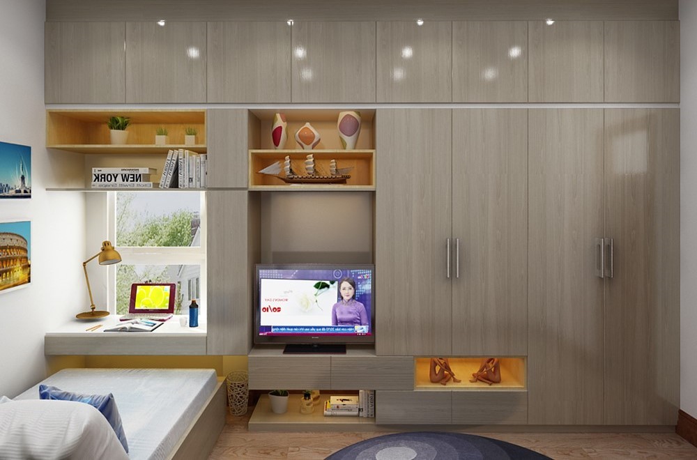 Không gian phòng ngủ thêm đẹp và hiện đại hơn với hệ tủ quần áo kết hợp kệ tivi