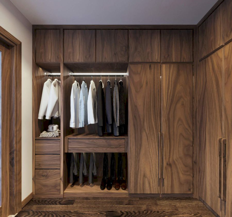 Tủ quần áo bo góc tường phòng ngủ với chất liệu gỗ óc chó sang trọng