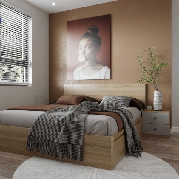 Bố trí giường ngủ kết hợp tranh treo tường và kệ trang trí hài hòa