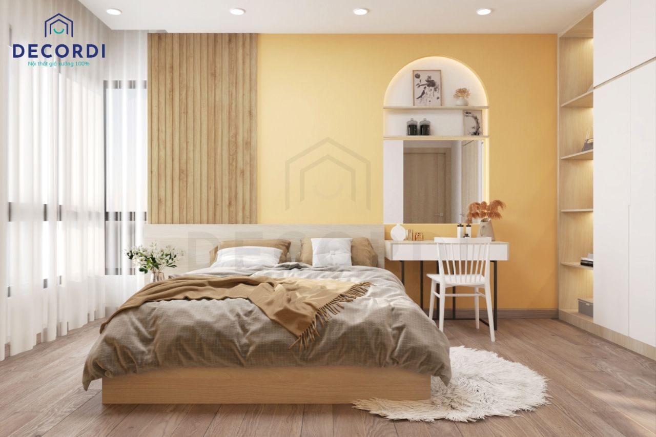 Phòng ngủ master chọn tone màu vàng nhạt nhẹ nhàng