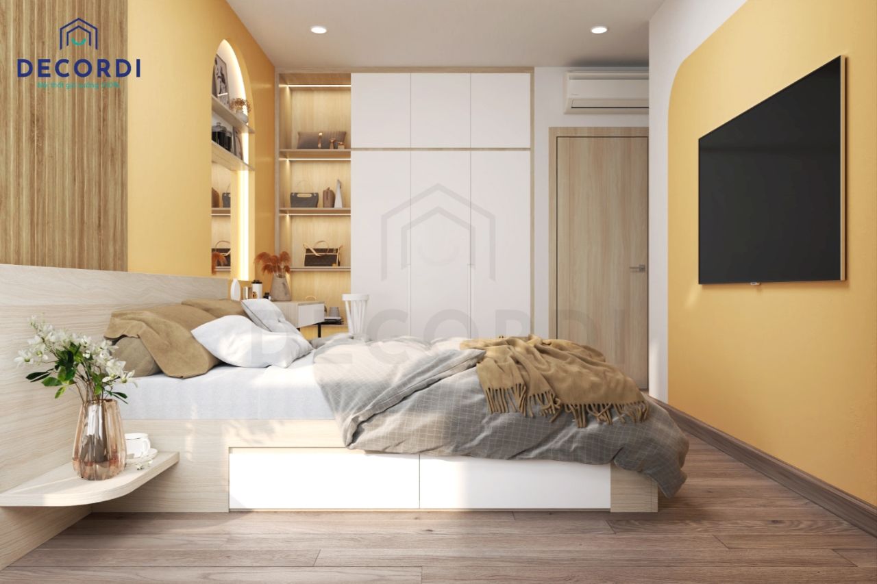 Màu sơn phòng ngủ màu vàng phối hợp với nội thất gỗ hài hòa 