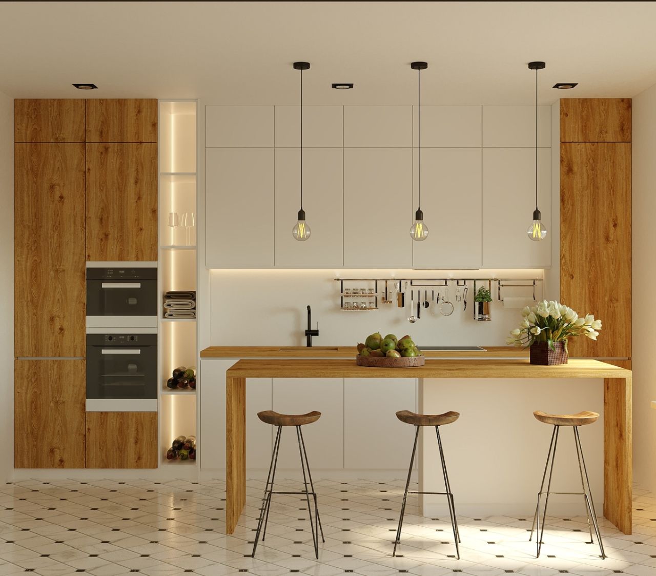 Không gian phòng bếp ấm áp nhờ sự phối hợp giữa những món nội thất vân gỗ