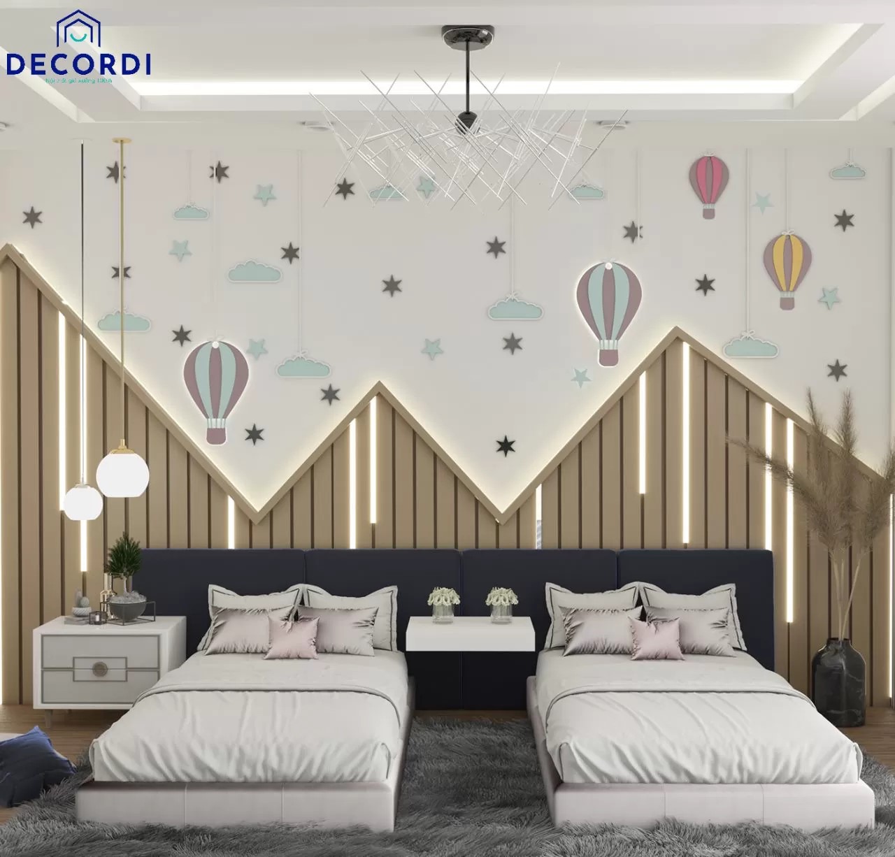 Thiết kế màu sắc phòng ngủ hài hòa với giấy dán tường họa tiết khinh khí cầu