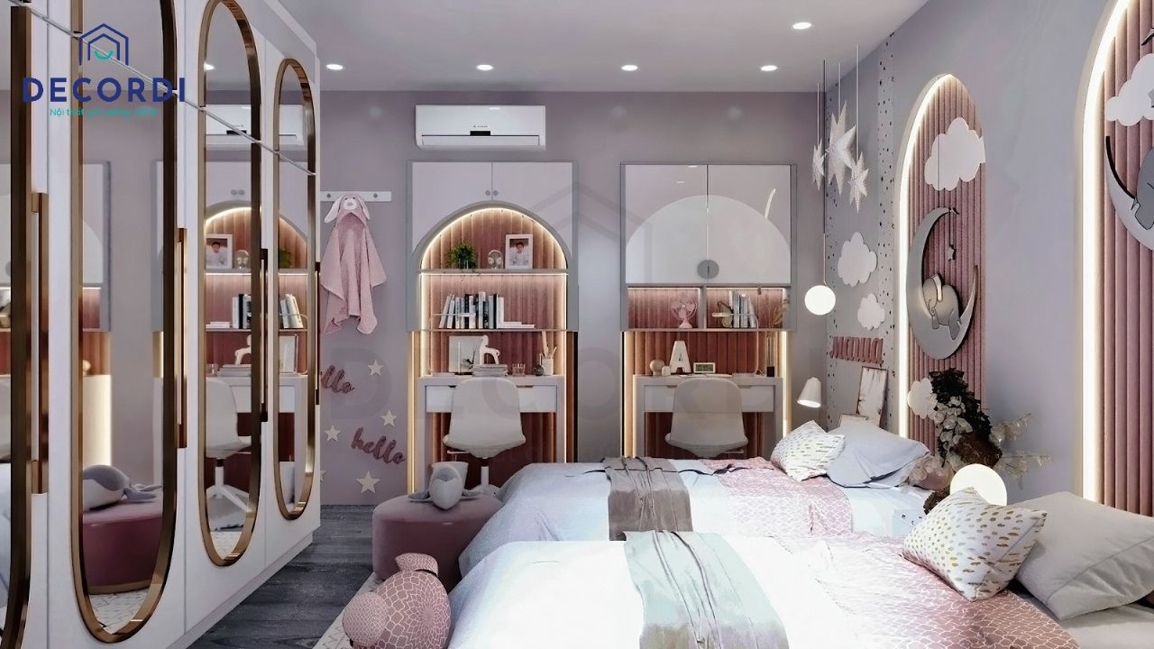 Phòng ngủ kết hợp với gương hiện đại dành cho bé gái ưa điệu đà 