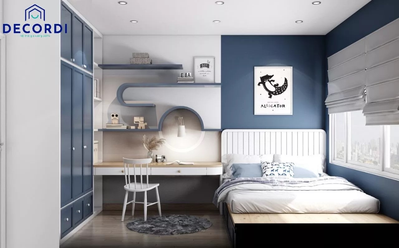 Phòng ngủ màu xanh dương tạo điểm nhấn hoàn hảo cho không gian 