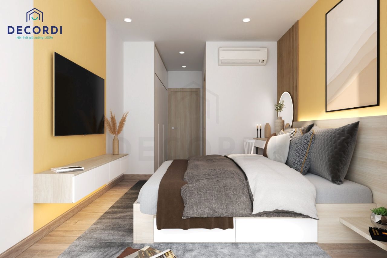 Phòng ngủ được làm từ gỗ công nghiệp được thiết kế phối hợp nhiều màu