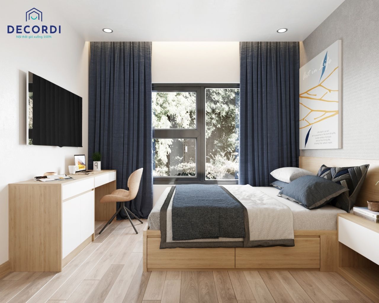 Phòng ngủ hiện đại với rèm vải màu xanh kích thước lớn tô điểm cho căn phòng