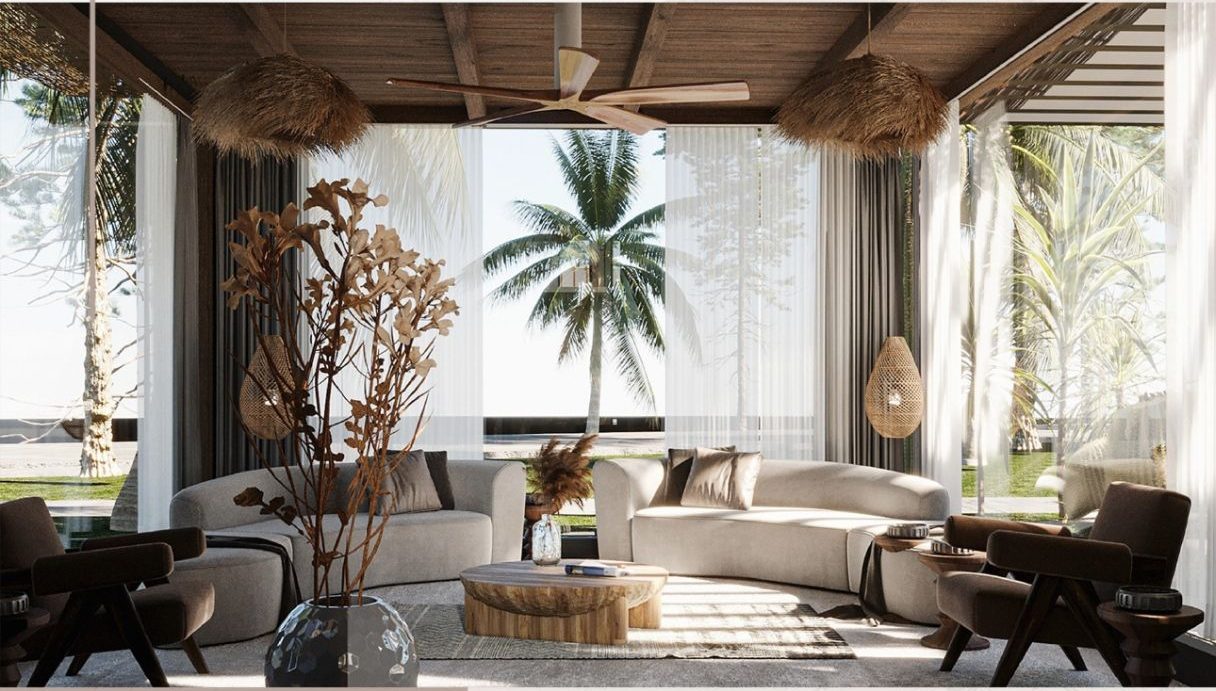 Phòng khách Bohemian hiện đại trang trí cây cảnh nhiệt đới