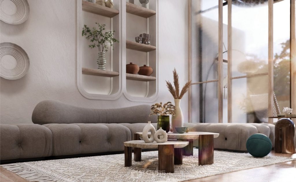 Phòng khách Bohemian thiết kế hiện đại ấm áp với ghế sofa và bàn trà