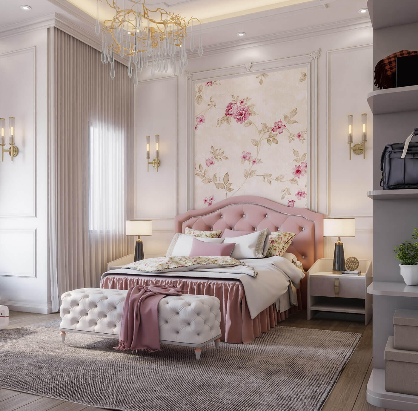 Phòng ngủ sắc hồng cùng với dán tường họa tiết hoa nhẹ nhàng
