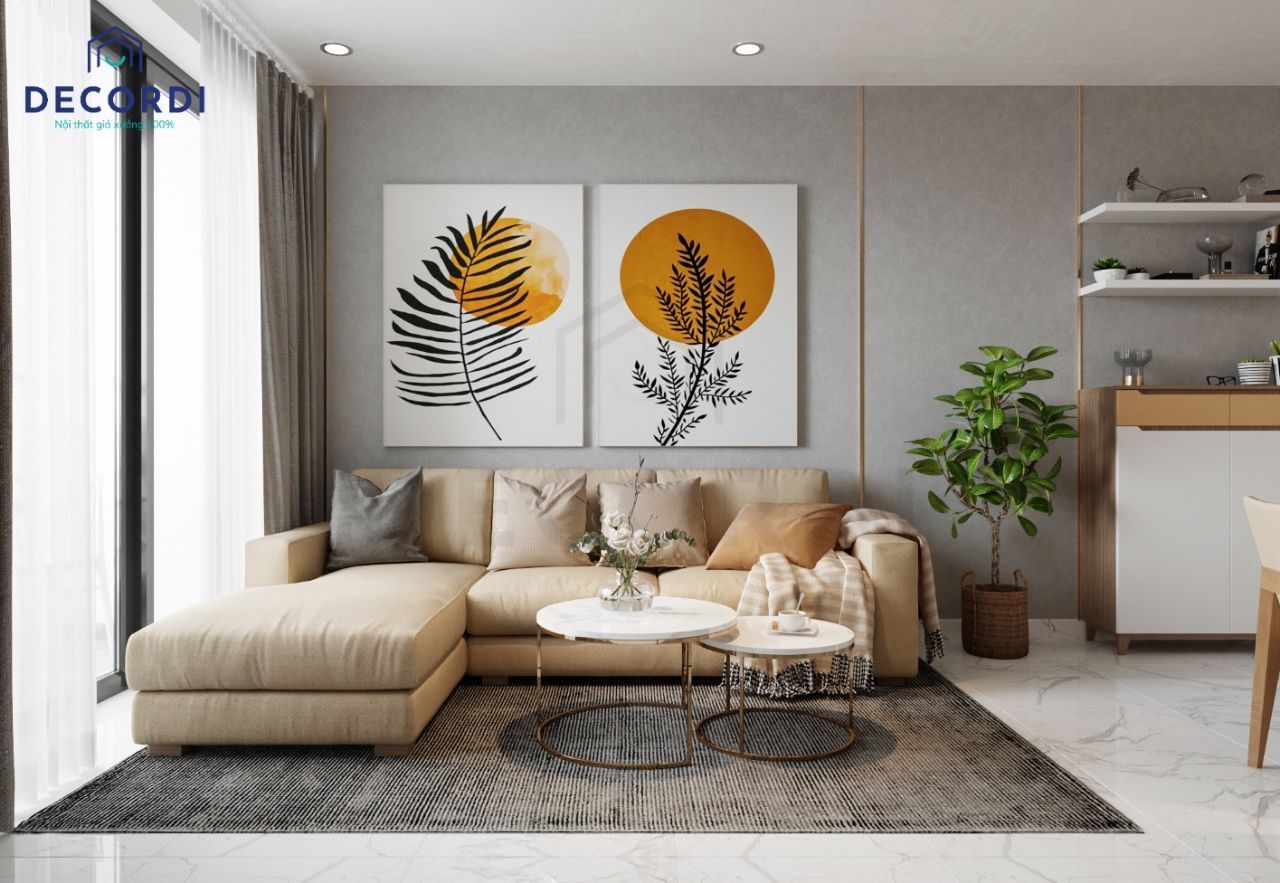 Thiết kế nội thất phòng khách chung cư 60m2 với gam màu xám chạy chỉ vàng sang trọng 