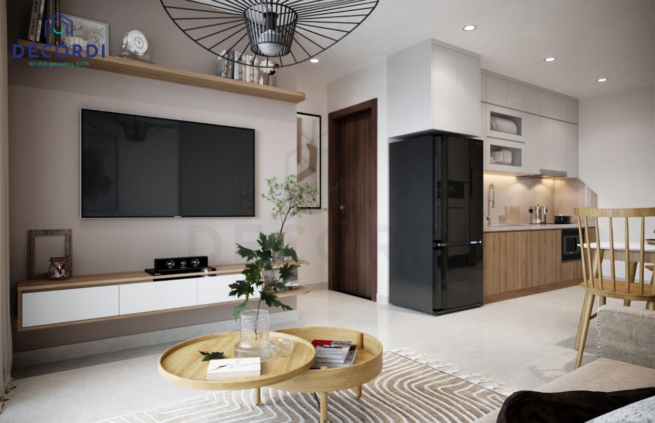 Thiết kế nội thất phòng khách liền bếp cho không gian chung cư 2 phòng ngủ thêm rộng rãi và ấm áp hơn