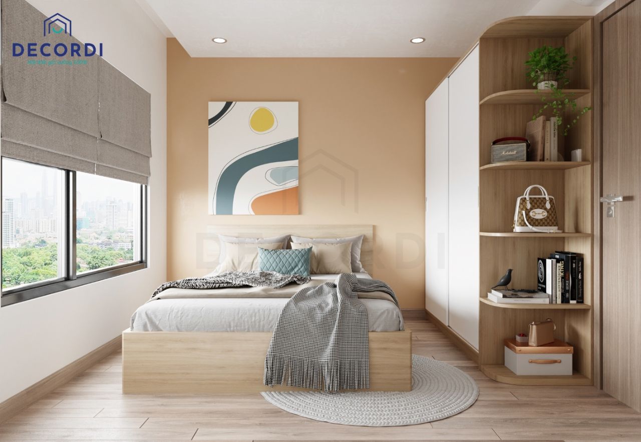 Phòng ngủ chung cư tông vàng cam 10m2 mang đến không gian nghỉ ngơi đầy đủ tiện nghi