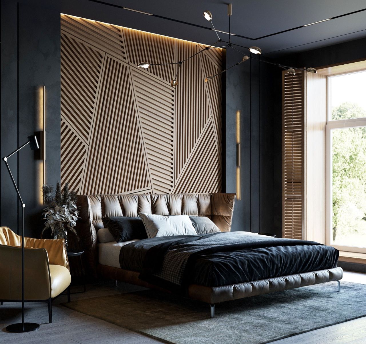 Vách ốp đầu giường được làm từ gỗ tự nhiên mang đến vẻ đẹp sang trọng