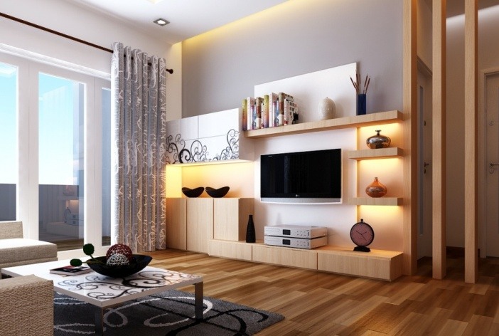 Kệ trang trí tối giản kết hợp hệ thống đèn led giúp phòng khách thoáng đãng, hiện đại