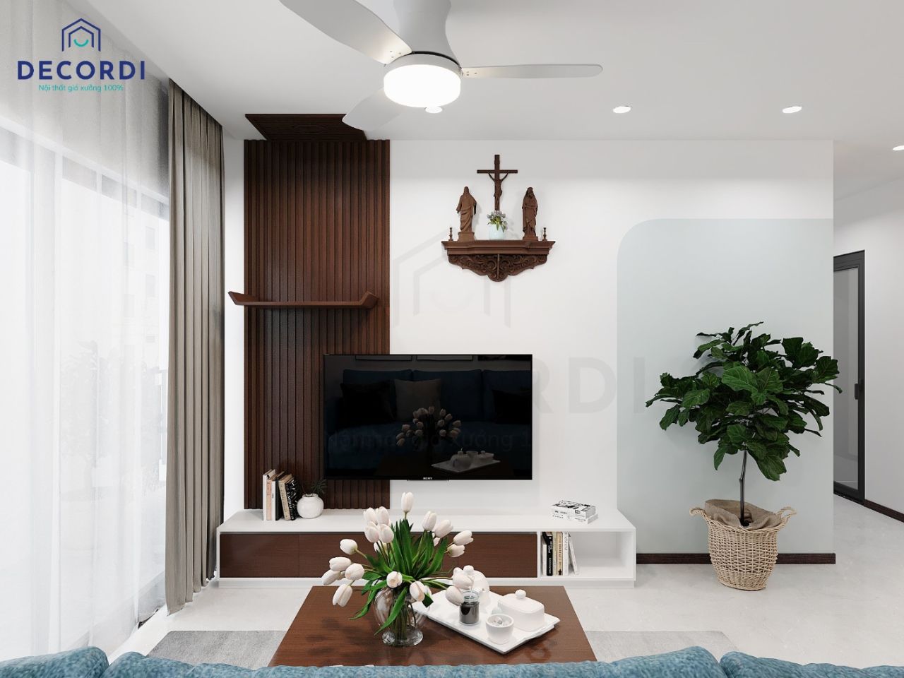 Không gian phòng khách thoáng đãng, hiện đại với gam màu trắng chủ đạo kết hợp nội thất gỗ làm điểm nhấn