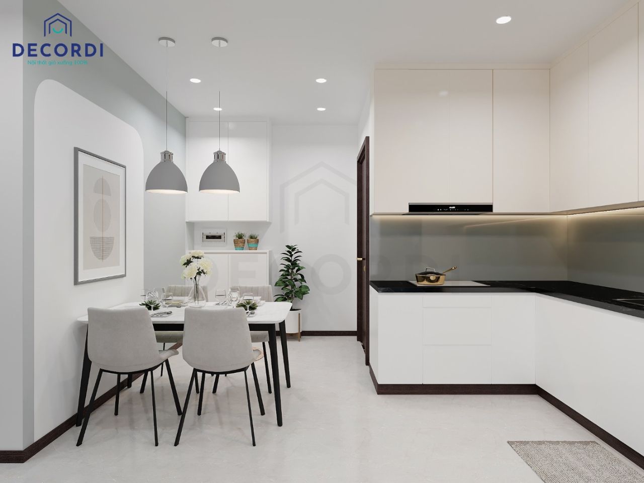 Tổng thể không gian phòng bếp đầy đủ tiện nghi với hệ tủ bếp cao đụng trần giúp tăng diện tích sử dụng
