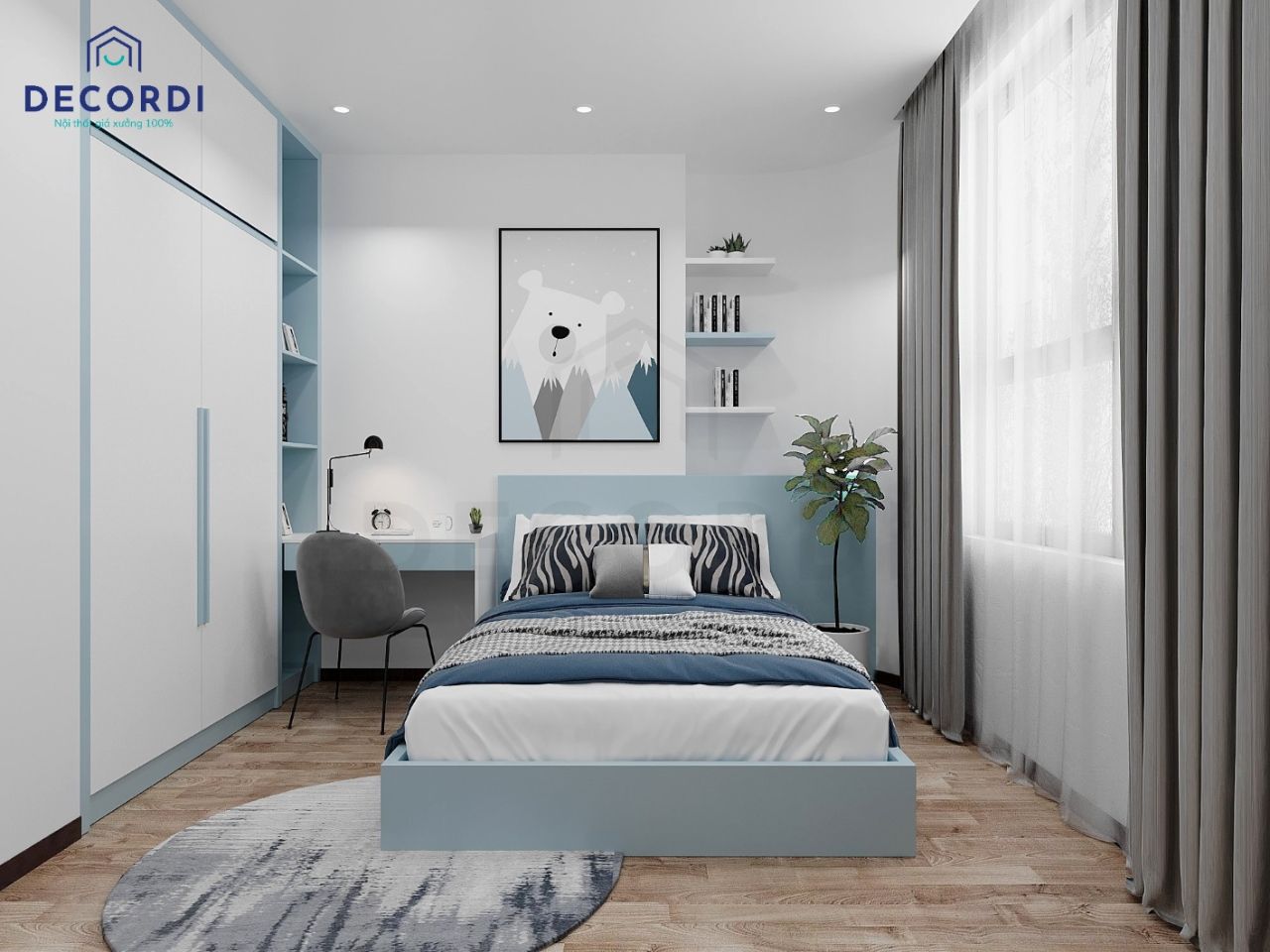 Nội thất phòng ngủ màu xanh trung tính mang đến cảm giác tháng mát