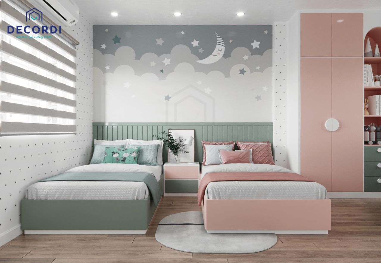 Thiết kế phòng ngủ cho bé với giường đôi màu xanh và hồng nhẹ nhàng