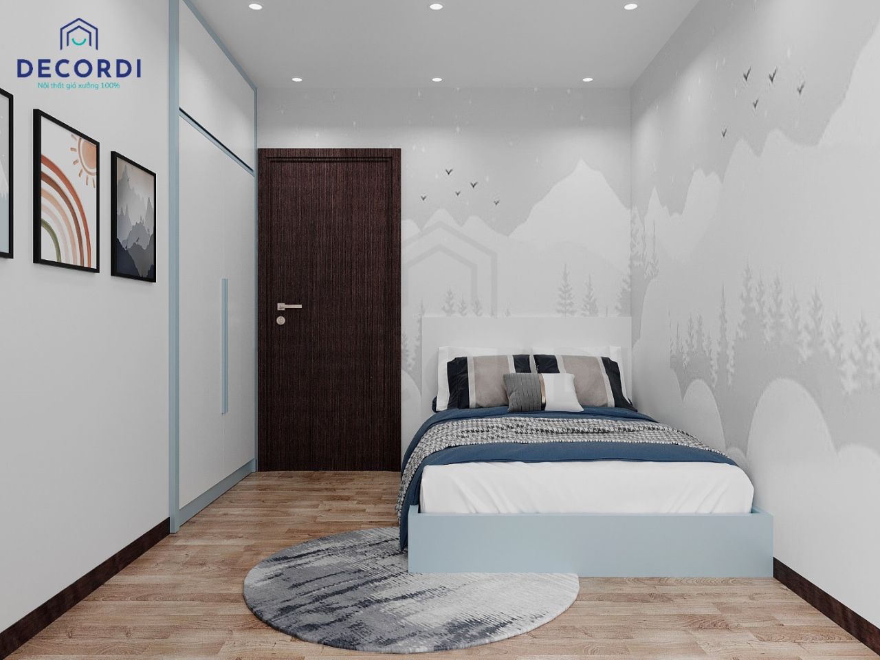 Thiết kế nội thất phòng ngủ phụ đơn giản với giường và tủ quần áo đụng trần