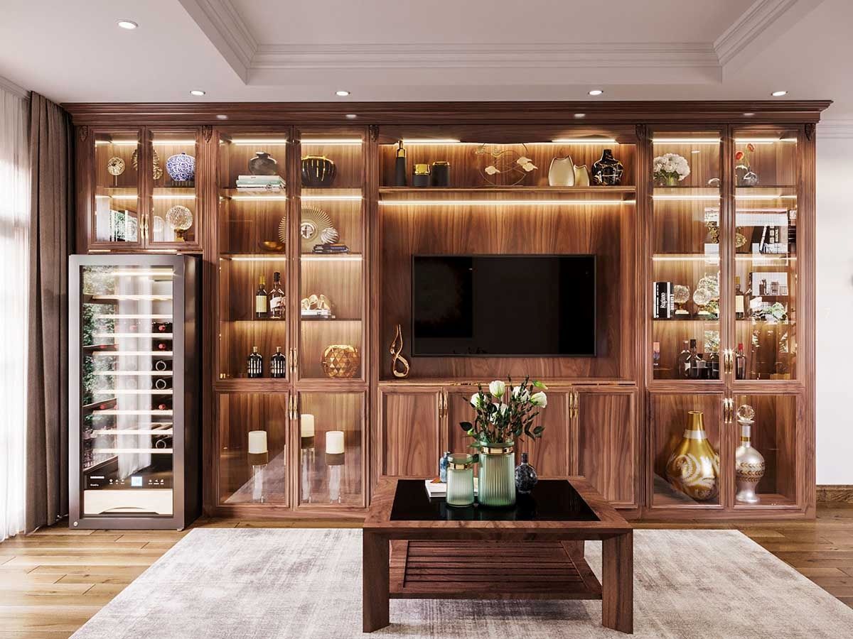 Phòng khách kệ tivi kết hợp tủ rượu bằng gỗ tự nhiên 