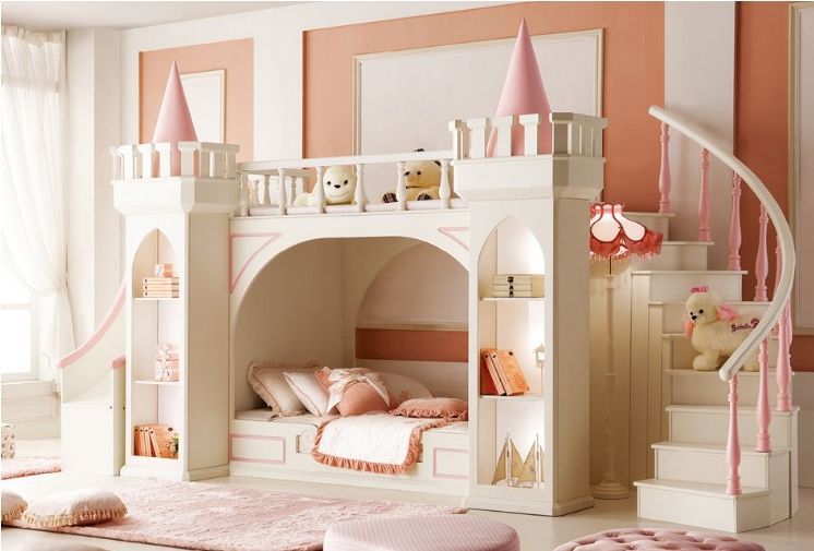 Giường tầng công chúa màu trắng phối hồng có cầu trượt 
