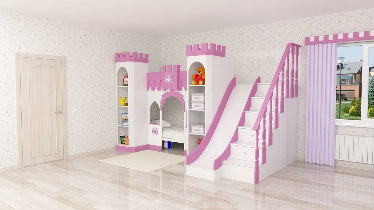 Giường tầng công chúa màu hồng hình lâu đài vô cùng bắt mắt cho phòng ngủ bé gái