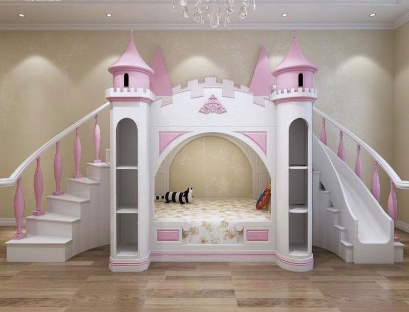 Thiết kế thi công giường tầng lâu đài công chúa có cầu trượt ngộ nghĩnh cho phòng ngủ bé gái