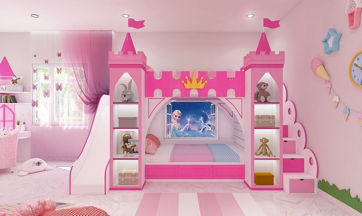 Giường tầng công chúa màu hồng hình lâu đài vô cùng bắt mắt cho phòng ngủ bé gái