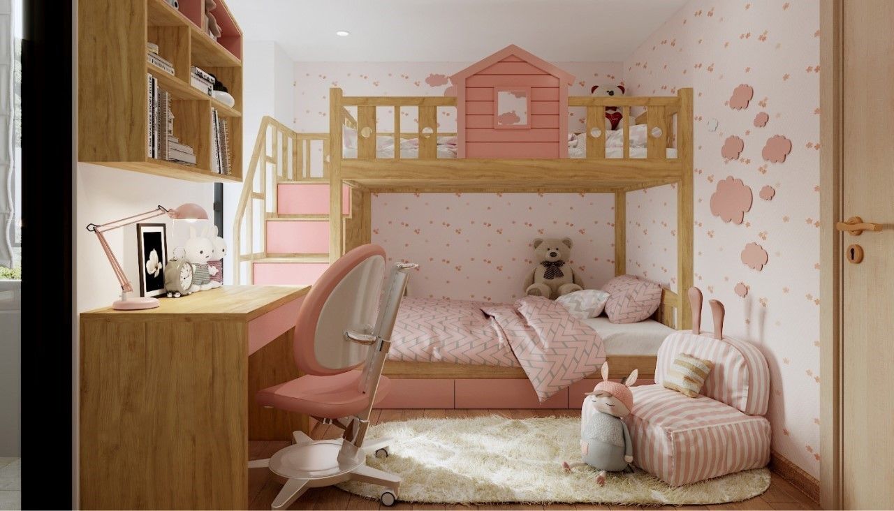 Phối màu hồng và màu gỗ cho mẫu giường 2 tầng hình ngôi nhà đẹp ấm áp, nhẹ nhàng