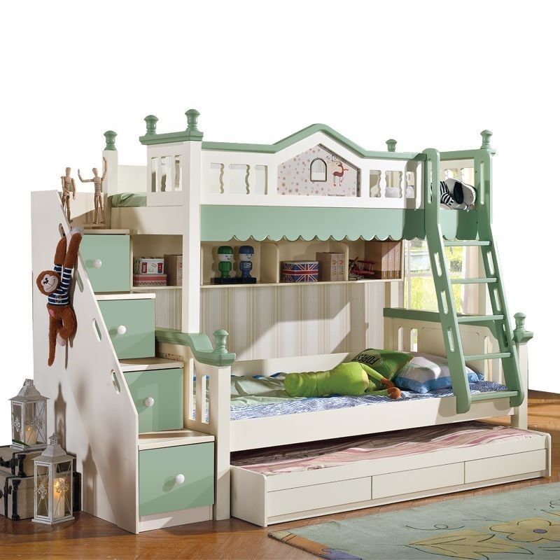 Mẫu giường tầng gỗ hình lâu đài màu xanh cho bé gái năng động